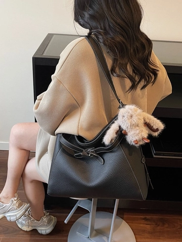 Retro PU Leather Shoulder Bag For Women Lychee Grain Handbag With Metal Turn Lock Contrast Stitch Commuting Underarm Bag
