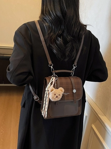 Retro PU Leather Grid Patchwork Backpack For Women Fashion Simple Mini School Bag With Bear Pendant Flap Daily Backpack