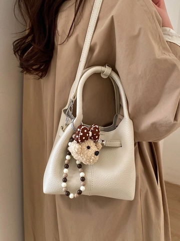Litchi Grain PU Leather Bucket Bag For Women Metal Lock Handheld Crossbody Bag With Detachable Strap Daily Shoulder Bag
