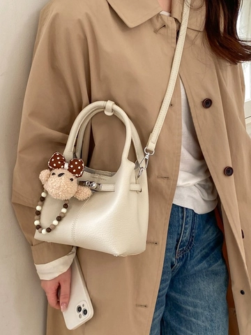 Litchi Grain PU Leather Bucket Bag For Women Metal Lock Handheld Crossbody Bag With Detachable Strap Daily Shoulder Bag