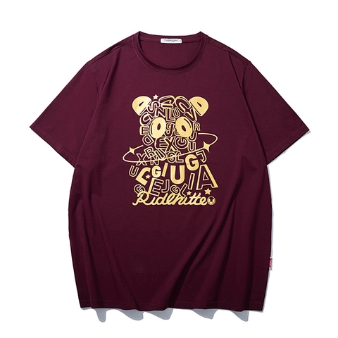 T-Shirt Homme Grande Taille Manches Courtes Coton Spandex Coupe Ample Streetwear Impression Ours Alphabet Doré Col Rond