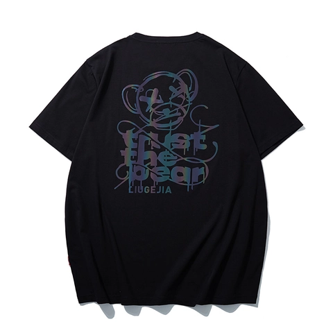 Herren Übergröße Streetwear T-Shirt Reflektierender Holografischer Bär Druck Lockerer Schnitt Baumwolle Kurzarm Sommer Tee