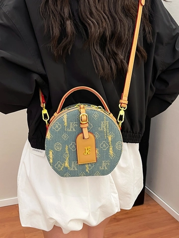 Damen Retro Denim Runde Umhängetasche Vintage Buchstaben Druck PU Leder Nähte Kleine Runde Tasche Gold Hardware Schultertasche