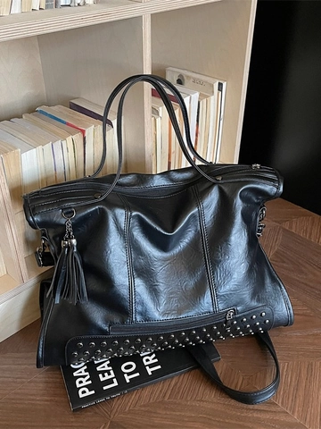 Große Kapazität Vintage PU Leder Tragetasche Mit Nieten Dekor Und Quaste Mode Damen Umhängetasche Pendler Handtasche Hobo Bag