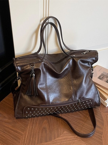 Große Kapazität Vintage PU Leder Tragetasche Mit Nieten Dekor Und Quaste Mode Damen Umhängetasche Pendler Handtasche Hobo Bag
