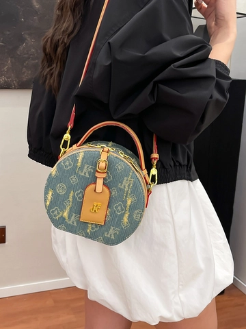 Damen Retro Denim Runde Umhängetasche Vintage Buchstaben Druck PU Leder Nähte Kleine Runde Tasche Gold Hardware Schultertasche