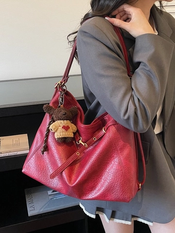 Tote Bag Vintage en Cuir PU Grande Capacité Sac à Épaule pour Trajet Avec Pendentif Ours en Peluche Texture Litchi Femme