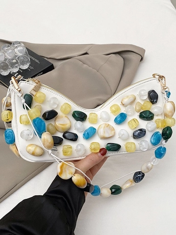 Bolso bajo el brazo con abalorios estilo francés Mujer Decoración de piedra de resina colorida Bolso de hombro de cuero PU