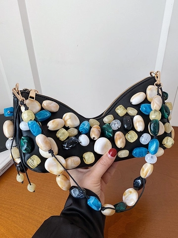 Bolso bajo el brazo con abalorios estilo francés Mujer Decoración de piedra de resina colorida Bolso de hombro de cuero PU