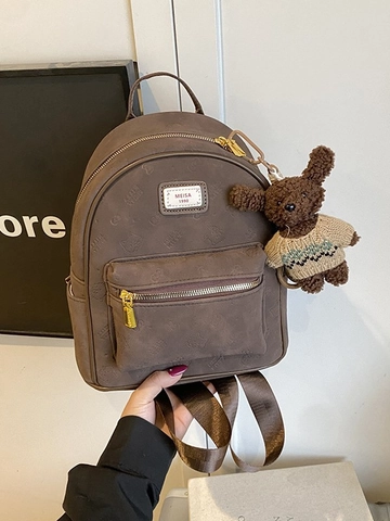 Women Fashion Embossed PU Leather Backpack Retro Travel School Bag With Bear Pendant Large Capacity Waterproof Rucksack