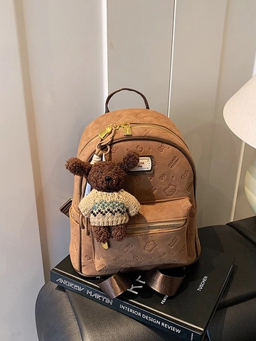 Women Fashion Embossed PU Leather Backpack Retro Travel School Bag With Bear Pendant Large Capacity Waterproof Rucksack