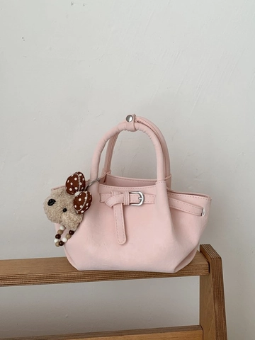 Women Fashion PU Leather Bucket Bag Korean Style Casual Crossbody Handbag With Cute Bear Pendant And Stitching Decoration