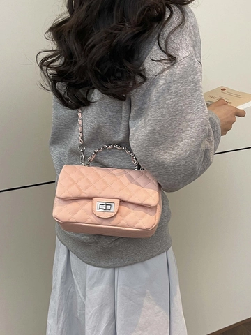 Luxury Quilted Chain Crossbody Bag For Women Elegant PU Leather Small Square Shoulder Handbag With Metal Lock And Pendant