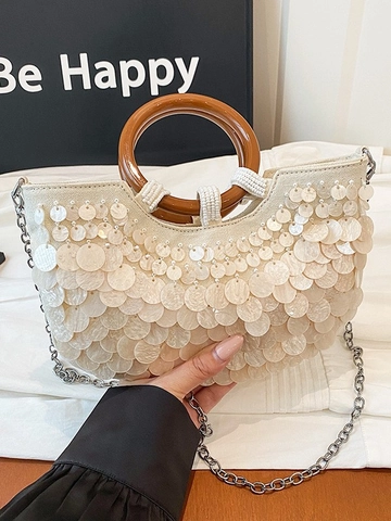 Damen Handgefertigte Pailletten Beuteltasche Mit Holzringgriff Mode Umhängetasche Elegante Schultertasche Mit Perlglanz Off-White