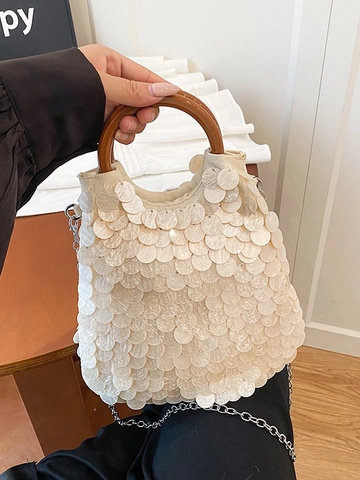 Damen Handgefertigte Pailletten Beuteltasche Mit Holzringgriff Mode Umhängetasche Elegante Schultertasche Mit Perlglanz Off-White