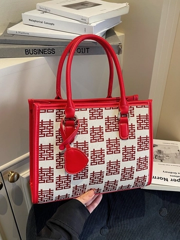 Large Capacity Red Double Happiness Jacquard Tote Bag For Women PU Leather Fabric Handbag Wedding Party With Heart Pendant