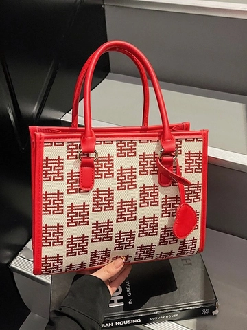 Large Capacity Red Double Happiness Jacquard Tote Bag For Women PU Leather Fabric Handbag Wedding Party With Heart Pendant