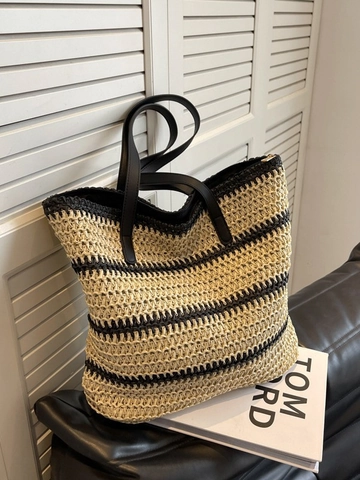 Große Kapazität Gewebte Stroh Tragetasche Modische Gestreifte Strandhandtasche Für Damen Mit PU Leder Griffen Reißverschluss Reisetasche