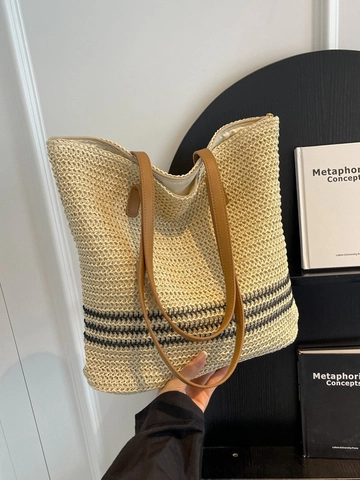 Large Capacity Woven Straw Tote Bag Fashionable Striped Beach Handbag For Women With PU Leather Handles Zipper Closure Travel Bag