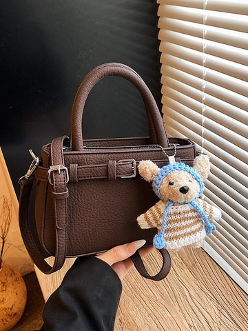 Women Litchi Pattern PU Leather Handbag Fashion Small Square Crossbody Bag With Cute Bear Charm Adjustable Strap Messenger Bag