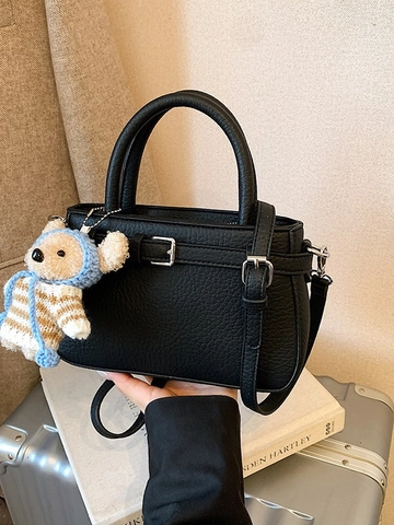 Women Litchi Pattern PU Leather Handbag Fashion Small Square Crossbody Bag With Cute Bear Charm Adjustable Strap Messenger Bag