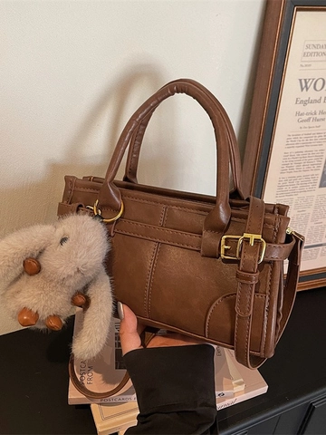 Korean Style Retro Contrast Color PU Leather Handbag For Women Vintage Commuter Crossbody Bag With Plush Rabbit Pendant
