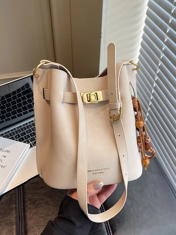 Women Vintage PU Leather Bucket Bag Elegant Solid Color Crossbody Shoulder Bag With Wooden Beaded Charm Metal Lock Handbag
