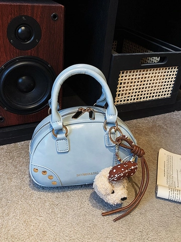Sac à Bandoulière Mini Boston Style Coréen Rétro pour Femme Sac à Épaule en Cuir PU de Qualité Supérieure avec Pendentif Ours Rivet