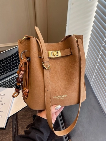 Women Vintage PU Leather Bucket Bag Elegant Solid Color Crossbody Shoulder Bag With Wooden Beaded Charm Metal Lock Handbag