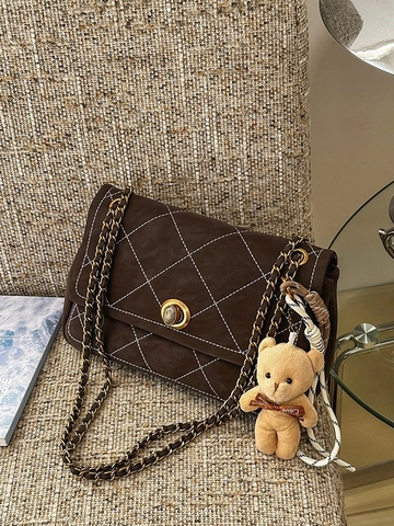 Damen Mattierte PU Leder Gesteppte Umhängetasche Retro Kette Schultertasche Mit Süßem Bärenanhänger Für Den Alltag