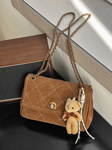 Damen Mattierte PU Leder Gesteppte Umhängetasche Retro Kette Schultertasche Mit Süßem Bärenanhänger Für Den Alltag