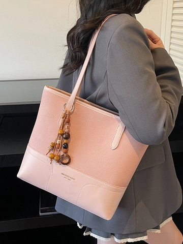Sac Fourre-tout Vintage en Cuir PU pour Femmes Grande Capacité Design d'Épissage Surpiqûres Contrastées Avec Pendentif