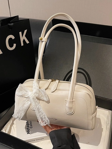 Sac Boston Femme en Cuir PU Grain Litchi Élégant Décor de Nœud en Dentelle Sac Sous le Bras Main Minimaliste Mode
