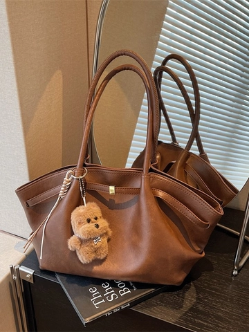 Damen Retro Große Kapazität Tote Bag Kunstleder Plissee Umhängetasche Lässig Pendeln Achselhöhle Tasche Mit Anhänger