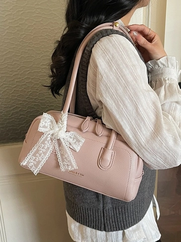 Sac Boston Femme en Cuir PU Grain Litchi Élégant Décor de Nœud en Dentelle Sac Sous le Bras Main Minimaliste Mode