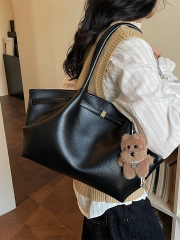Damen Retro Große Kapazität Tote Bag Kunstleder Plissee Umhängetasche Lässig Pendeln Achselhöhle Tasche Mit Anhänger