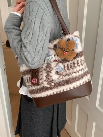 Sac Cabas en Peluche Jacquard Fair Isle Vintage pour Femmes Patchwork en Cuir PU Sac à Épaule Grande Capacité Avec Pendentif Ours