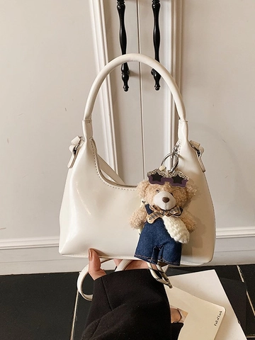 Damen Retro PU Leder Hobo Tasche Glänzende Spleißen Schultertasche Minimalistische Pendler Umhängetasche Mit Teddybär-Anhänger