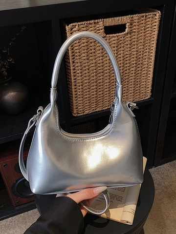 Damen Retro PU Leder Hobo Tasche Glänzende Spleißen Schultertasche Minimalistische Pendler Umhängetasche Mit Teddybär-Anhänger