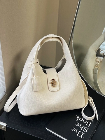 Women Fashion PU Leather Litchi Pattern Bucket Bag Vintage Metal Lock Handbag Versatile Shoulder Crossbody Bag