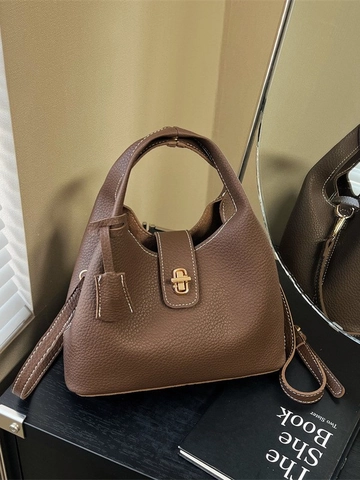 Women Fashion PU Leather Litchi Pattern Bucket Bag Vintage Metal Lock Handbag Versatile Shoulder Crossbody Bag