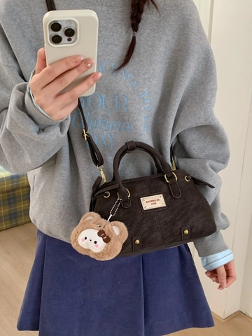 Women PU Leather Boston Shoulder Bag Retro Matte Texture Handbag With Bear Pendant Crossbody Underarm Bag Large Capacity Satchel