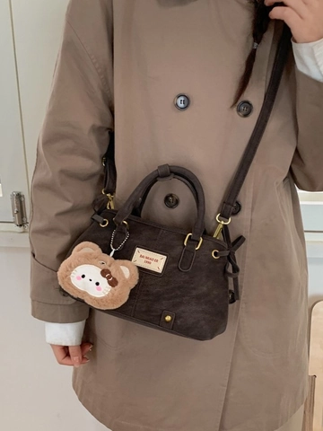 Women PU Leather Boston Shoulder Bag Retro Matte Texture Handbag With Bear Pendant Crossbody Underarm Bag Large Capacity Satchel