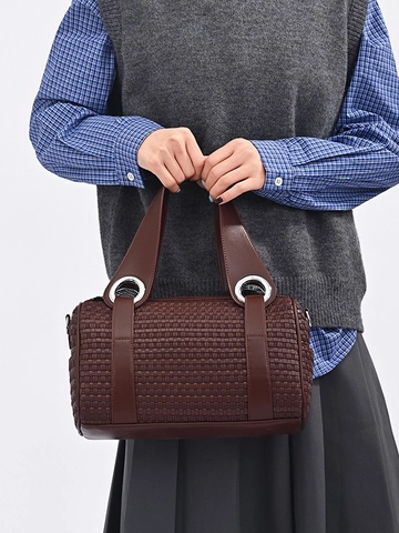 Women Minimalist Woven PU Leather Pillow Bag Fashion Shoulder Crossbody Handbag With Metal Rings Large Capacity Daily Travel Bag