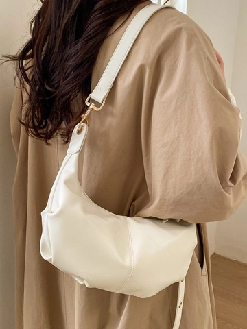 Bolso Hobo de Cuero PU Retro para Mujer Bolso Bandolera de Media Luna Minimalista Plisado Color Sólido Bolso de Hombro con Correa Ajustable