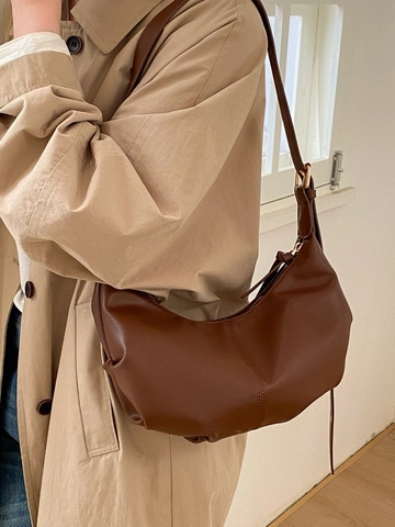 Bolso Hobo de Cuero PU Retro para Mujer Bolso Bandolera de Media Luna Minimalista Plisado Color Sólido Bolso de Hombro con Correa Ajustable