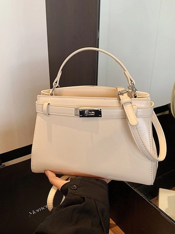 Women Retro Kelly Style PU Leather Handbag Minimalist Office Commute Crossbody Bag Solid Color Square Shoulder Bag Silver Lock