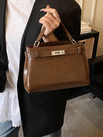 Women Retro Kelly Style PU Leather Handbag Minimalist Office Commute Crossbody Bag Solid Color Square Shoulder Bag Silver Lock