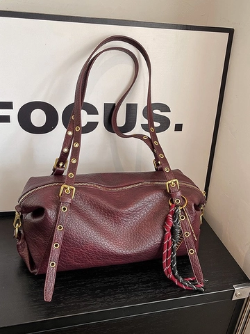 Retro PU Leather Underarm Bag For Women Litchi Grain Boston Shoulder Bag With Adjustable Metal Eyelet Strap Solid Color Handbag