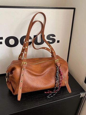 Retro PU Leather Underarm Bag For Women Litchi Grain Boston Shoulder Bag With Adjustable Metal Eyelet Strap Solid Color Handbag